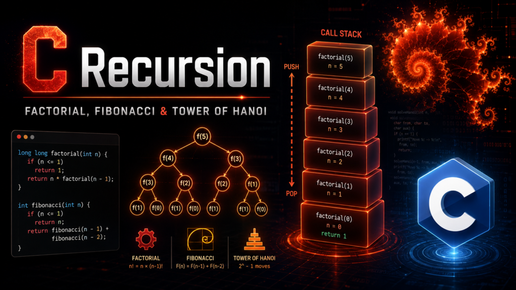 C recursion factorial fibonacci tower of Hanoi recursive functions guide