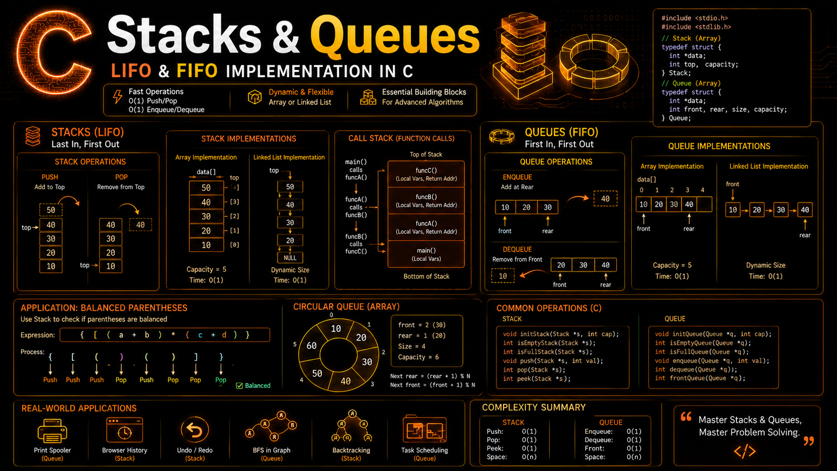C stacks and queues LIFO FIFO data structure implementation guide