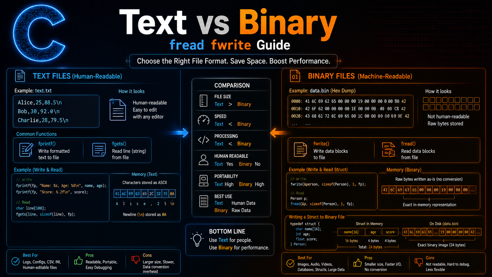 C text vs binary files fread fwrite comparison guide
