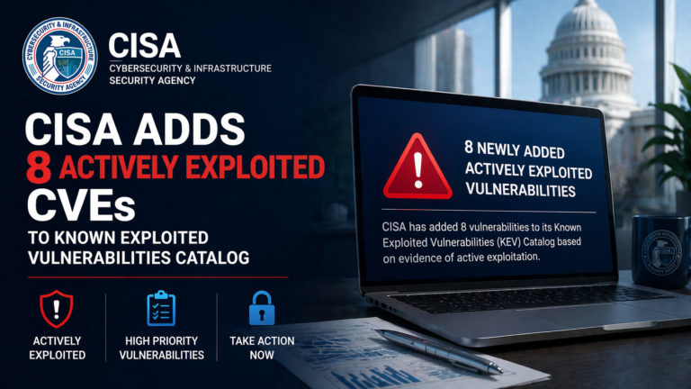 CISA adds 8 actively exploited vulnerabilities to KEV catalog with cybersecurity warning alert interface
