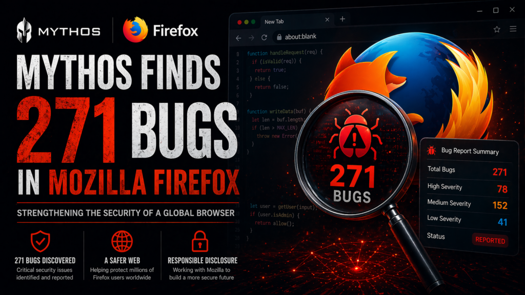 Mythos discovers 271 security bugs in Mozilla Firefox with magnifying glass highlighting vulnerabilities