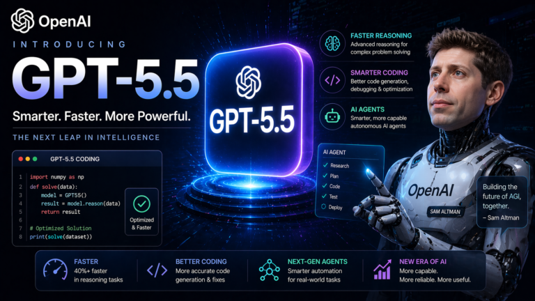 OpenAI GPT-5.5 launch featuring futuristic AI interface and robotic Sam Altman concept with advanced coding and reasoning visuals