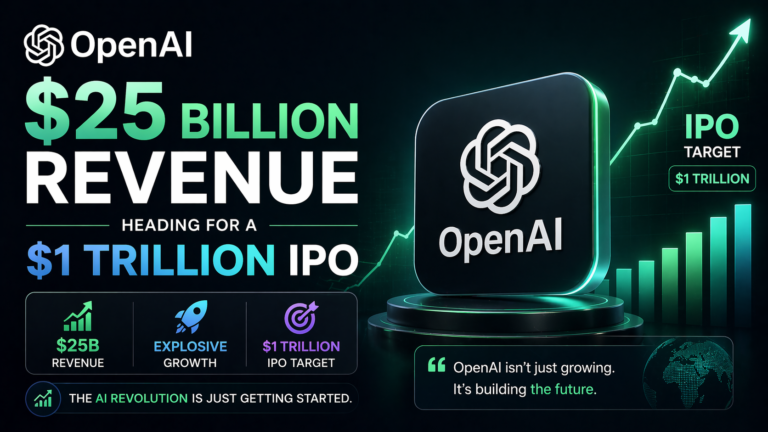 OpenAI $25 billion revenue growth with $1 trillion IPO target shown in futuristic financial chart