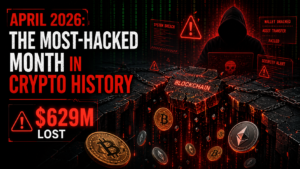 crypto hacks april 2026 infographic showing $629 million lost across 30 attacks including KelpDAO and Drift Protocol breaches
