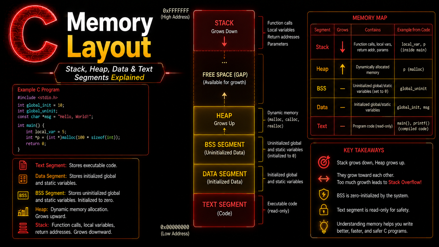 C memory layout with stack heap data BSS and text segments diagram