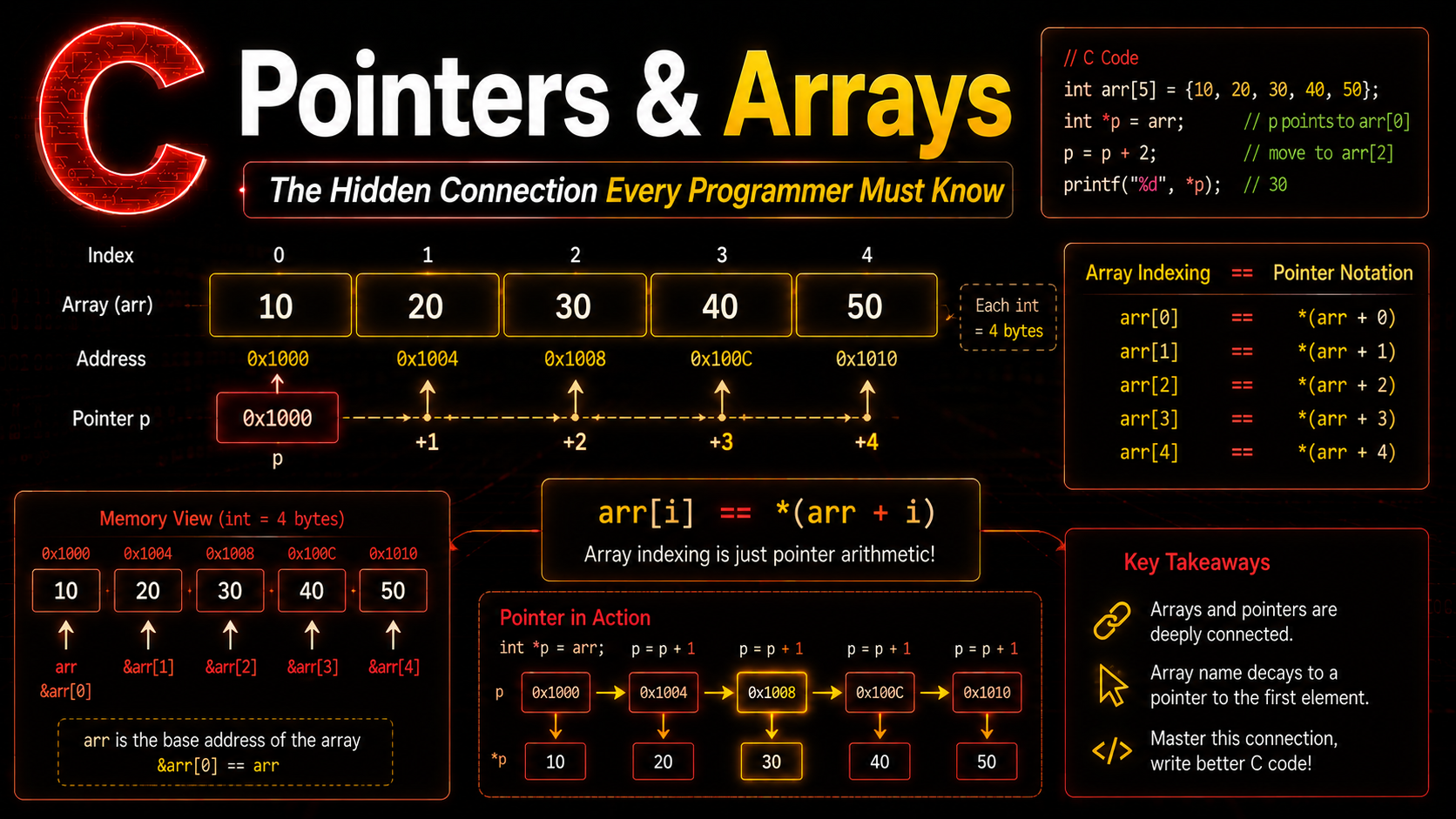 C Pointers and Arrays relationship with array indexing and pointer notation equivalence