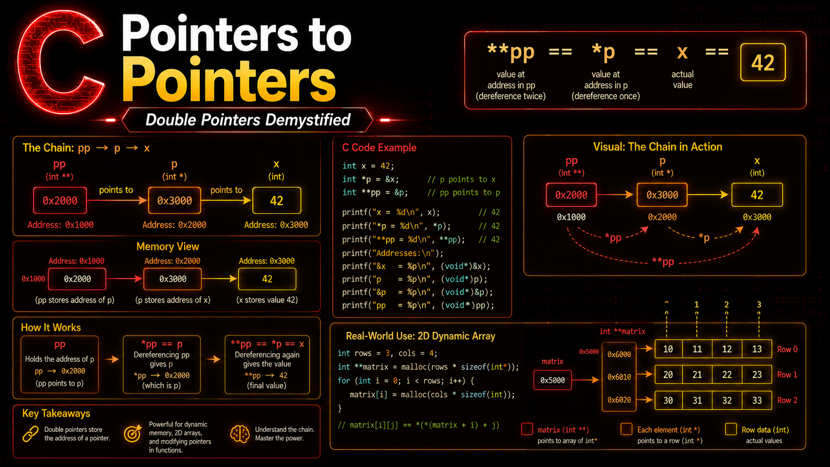 C Pointers to Pointers double pointer chain with memory layout and 2D dynamic array