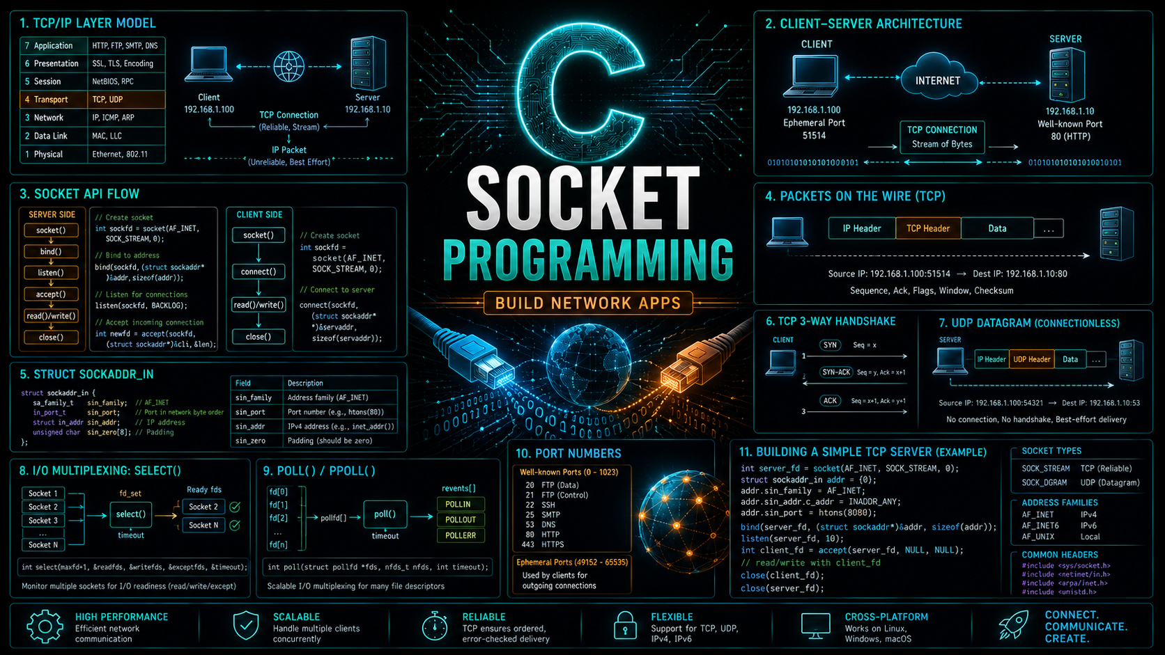 C socket programming TCP UDP client server network apps guide