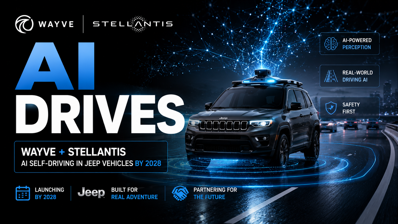 Wayve Stellantis self-driving AI Jeep 2028 launch autonomous vehicles