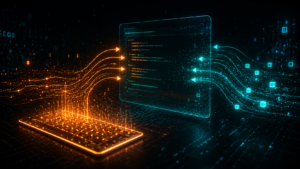 C++ cin cout input output - keyboard data streams flowing into holographic terminal screen