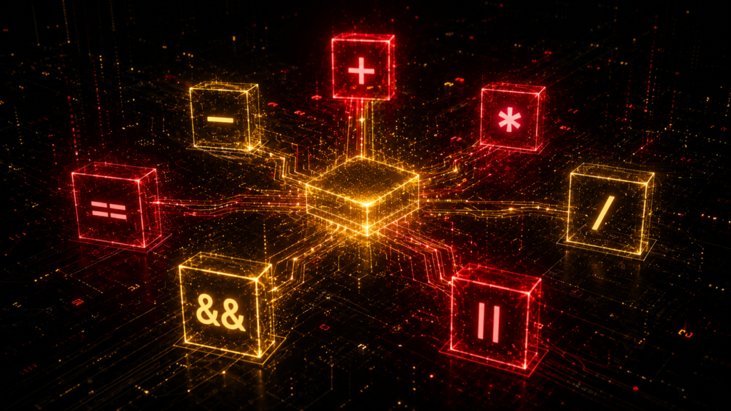 C++ operators and expressions - floating holographic operator symbols in circuit pattern