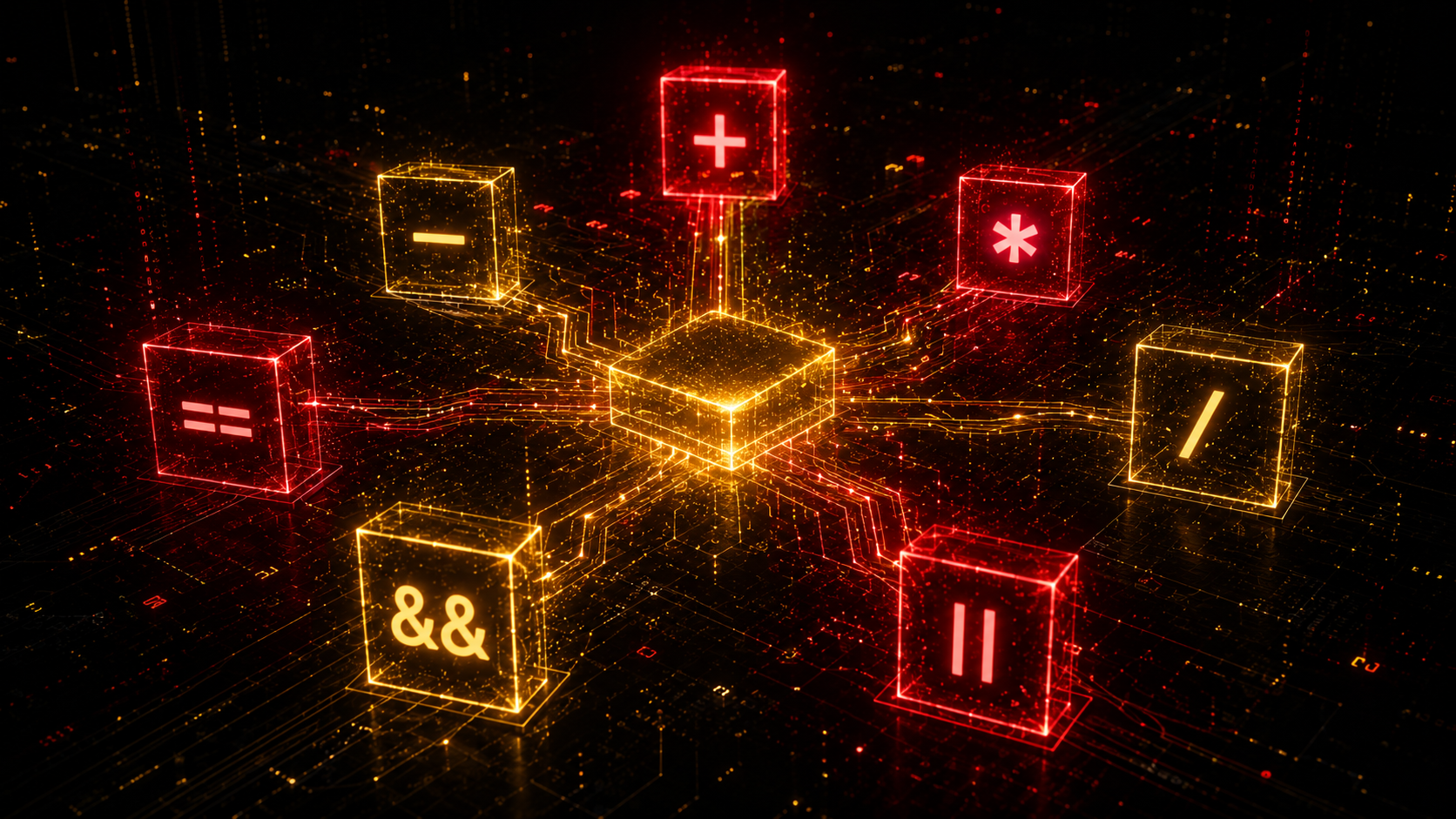 C++ operators and expressions - floating holographic operator symbols in circuit pattern