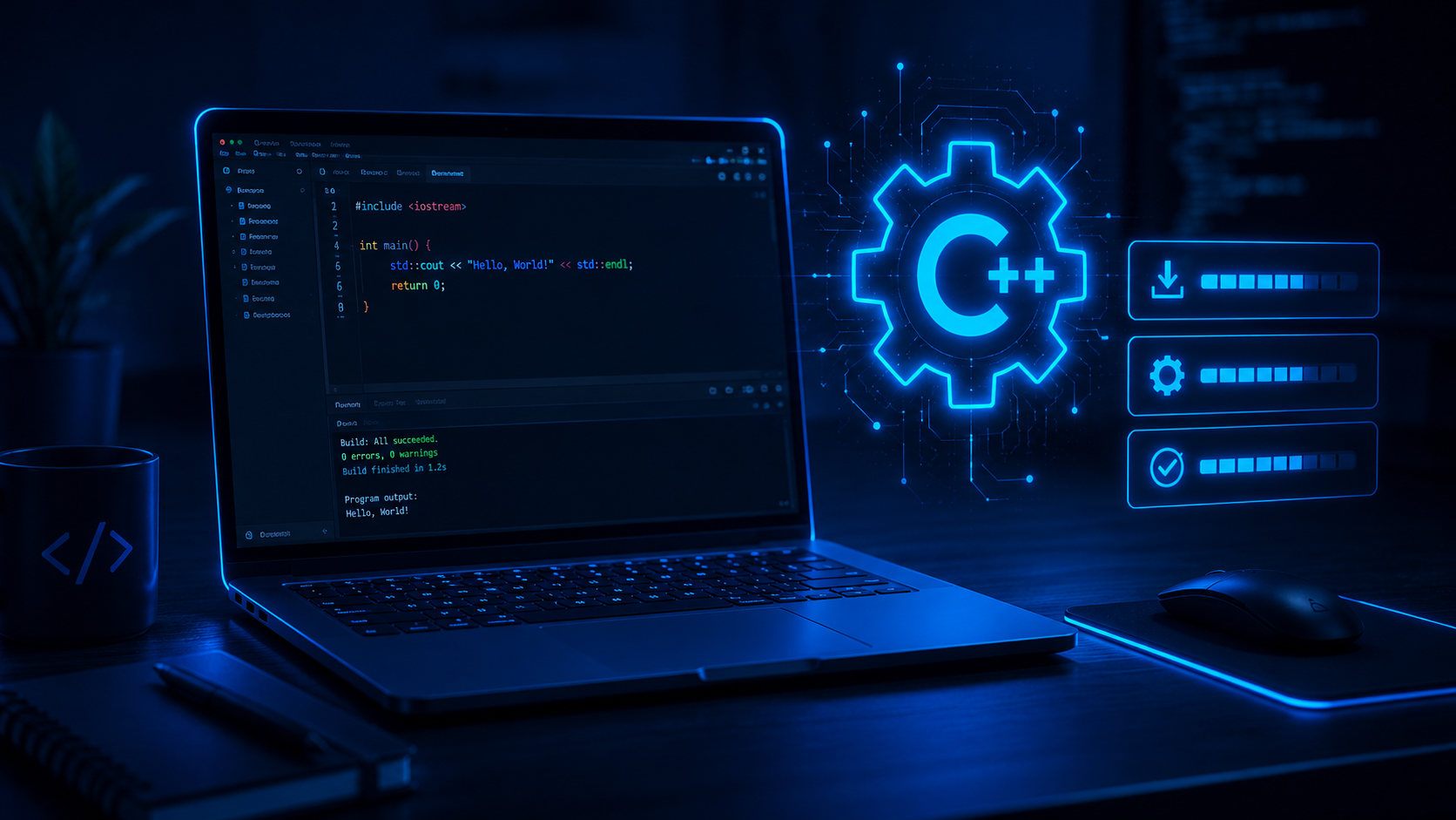 C++ setup environment and Hello World first program - futuristic coding workspace with IDE