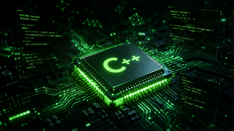 What is C++ programming language - glowing CPU chip with C++ code on circuit board